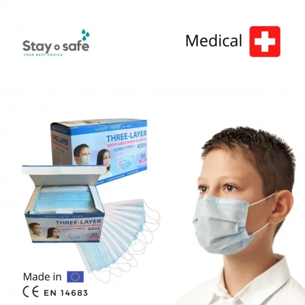 Vienkartinės medicininės TYPE IIR veido kaukės 3-jų sluoksnių vaikiškos melsvos (50 vnt.)